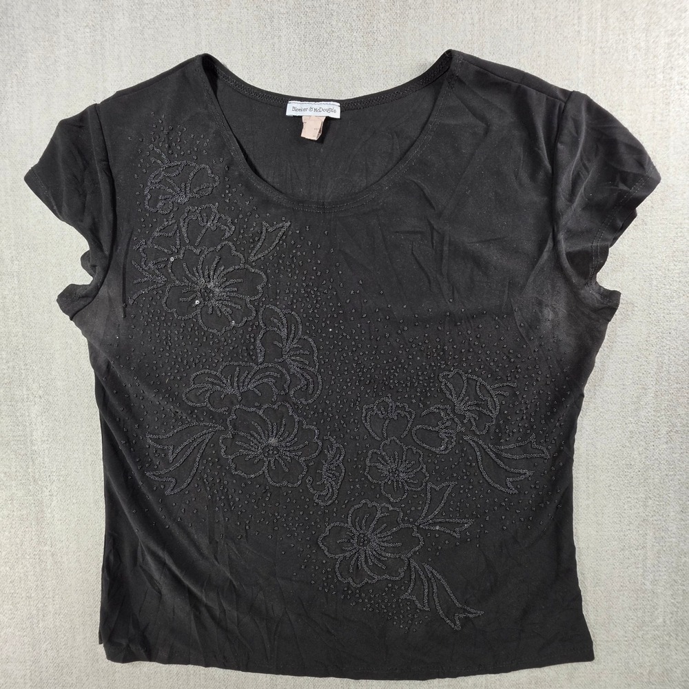 Bleeker & McDougal Beaded Floral Top Womens PL Black Short Sleeve DOF-H9F38